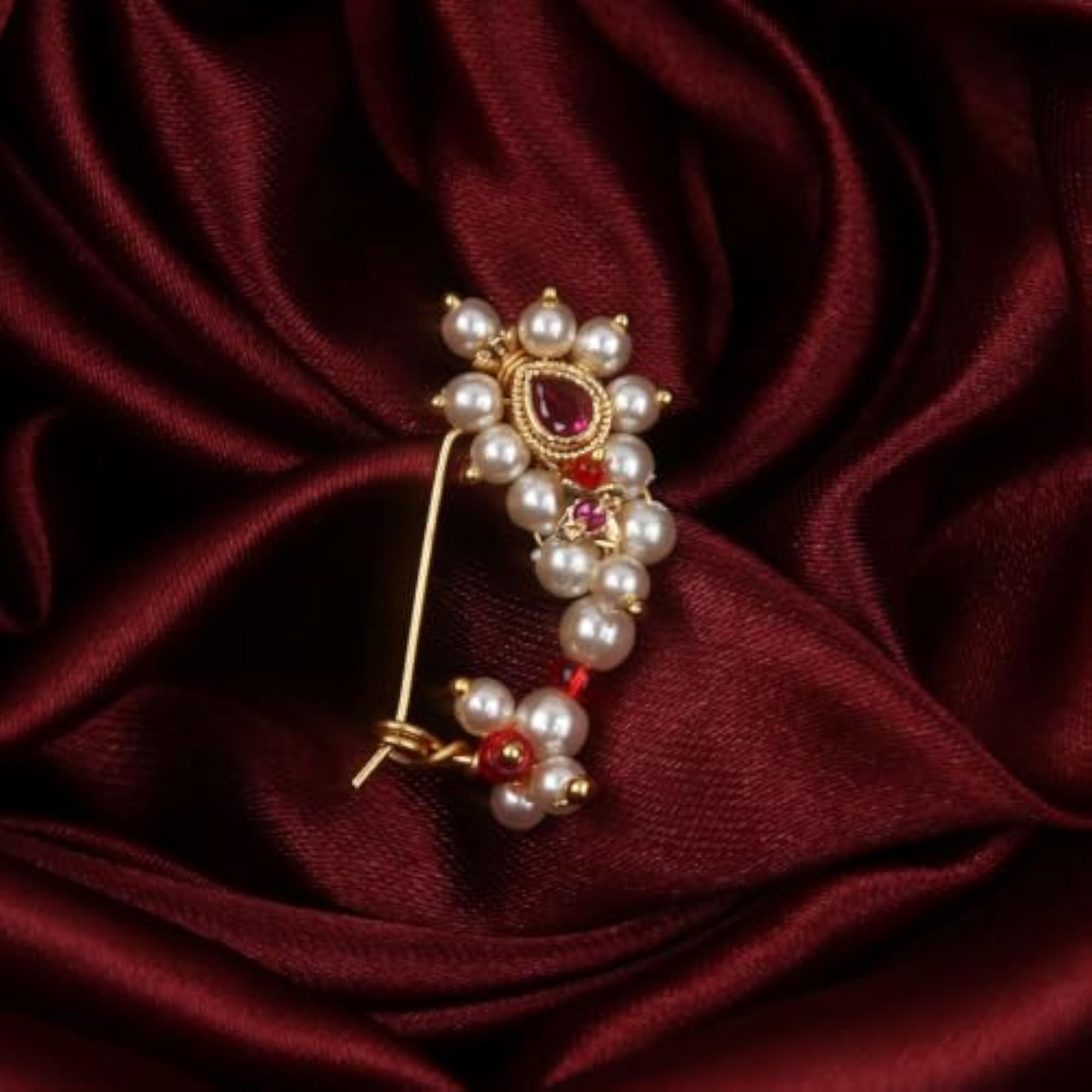 Maharashtrian Pink Stone & Pearl Stud Nose Pin, Traditional